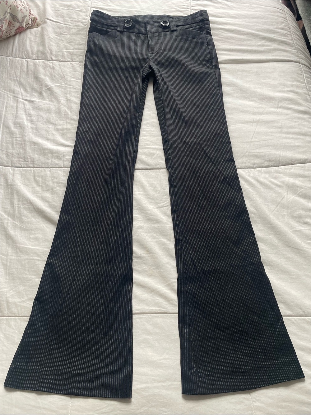 Y2K Low Rise Black Pinstripe Slinky Flare Pants 2 XS Office Siren Dark Academia